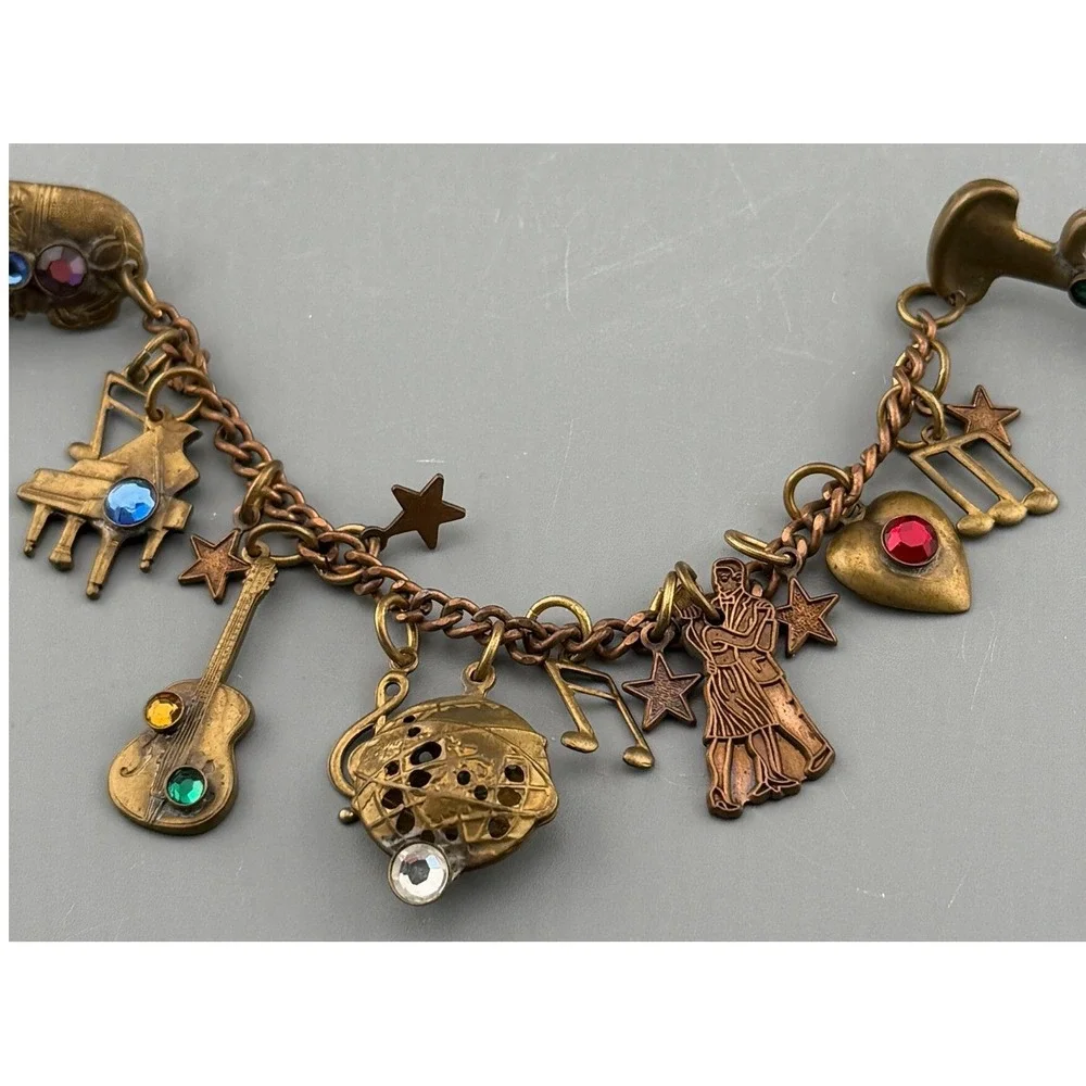 Vintage Double Pin Brooch Musical Charms Celestial Blazer Pin Sax Trumpet Chain